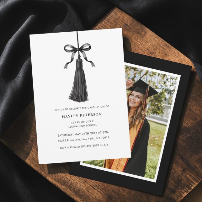Black Bow Tassel Modern College Graduation Photo Invitation (Creator Uploaded)