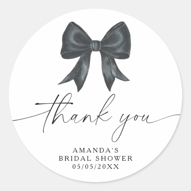 Black Bow Thank you Bridal shower  Classic Round Sticker (Front)