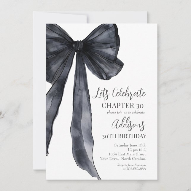 Black Bow Thirtieth 30th Birthday Party Invitation (Front)