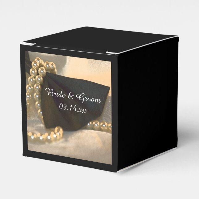 Black Bow Tie and White Pearls Wedding Favour Box (Front Side)