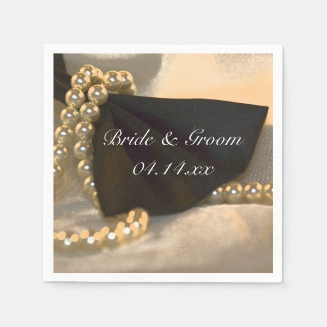 Black Bow Tie and White Pearls Wedding Napkin (Front)