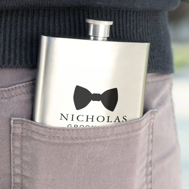 Black Bow Tie Groomsman Personalised Wedding Hip Flask (In Situ)