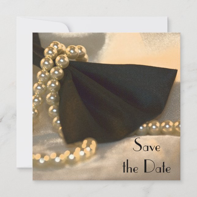 Black Bow Tie White Pearls Wedding Save the Date (Front)
