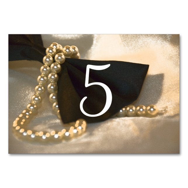 Black Bow Tie White Pearls Wedding Table Numbers (Front)