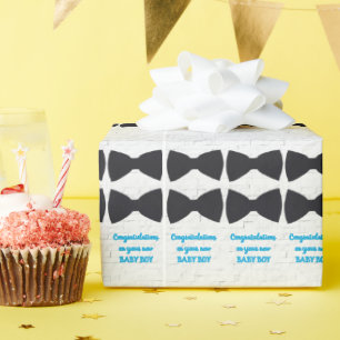 Black Bow Ties on White with Blue Baby Boy Text  Wrapping Paper