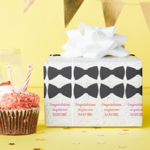 Black Bow Ties on White with Pink Baby Girl Text Wrapping Paper
