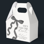 Black Bow Tying the Knot Bridal Shower Gift Favour Box<br><div class="desc">Elevate your baby shower with this Coquette Black Bow Party Decor! This timeless design adds a touch of elegance and charm to any event, featuring a beautifully crafted bow adorned with delicate black hues. This collection is sure to impress your guests and create lasting memories and perfect for adding some...</div>