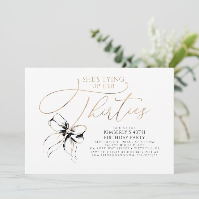 Black Bow Tying up Her Thirties 40th Birthday  Invitation (Standing Front)