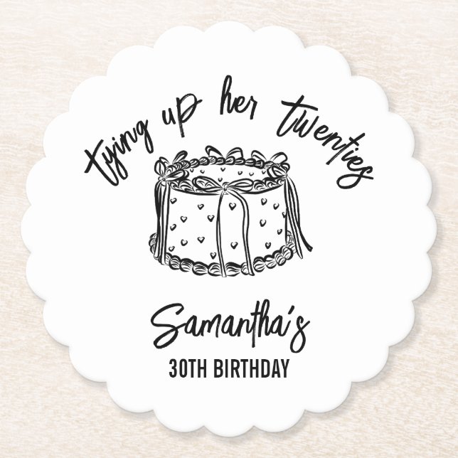 Black Bow Tying Up Her Twenties 30th Birthday Paper Coaster (Front)