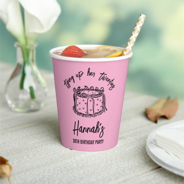 Black Bow Tying Up Her Twenties 30th Birthday Paper Cups (Insitu)