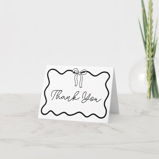 Black Bow Wavy Script Coquette Thank You Cards (Front)