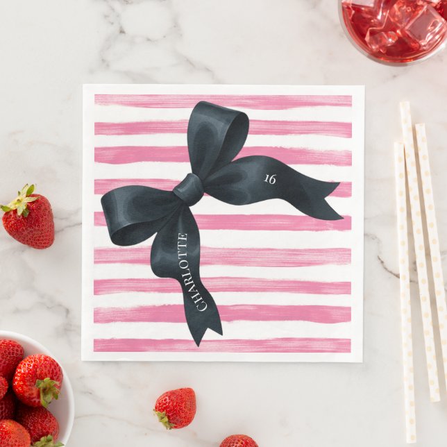Black Bow with Pink White Stripe Birthday Napkin (Insitu)