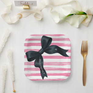 Black Bow with Pink White Stripe Birthday Paper Plate
