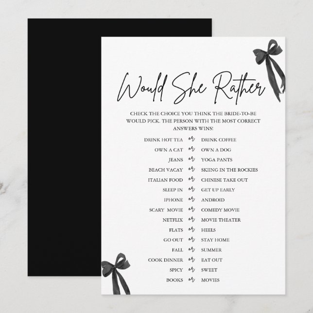 Black Bow Would She Rather Bridal Shower Game Invitation (Front/Back)