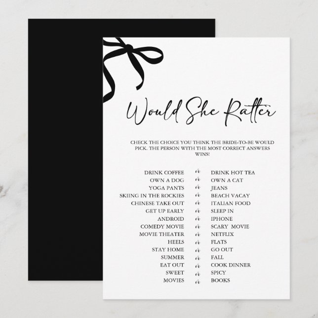 Black Bow Would She Rather Bridal Shower Game Invitation (Front/Back)