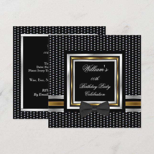 Black Bowtie Gold Silver Studs Birthday Party Invitation (Front/Back)