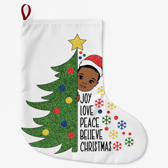 Black boy birthday gift melanin boys Christmas Large Christmas Stocking (Front)