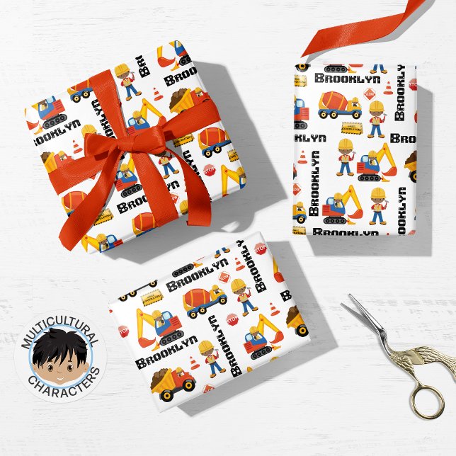Black Boy Construction Personalised Wrapping Paper Sheet (Creator Uploaded)