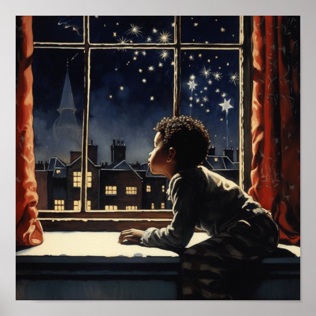 Black Boy  Gazing at Christmas Eve City Lights Poster (Front)