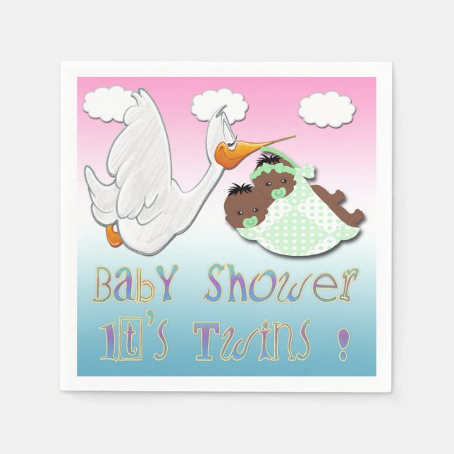 Black Boy & Girl Twins  - Stork Baby Shower Paper Napkin (Front)