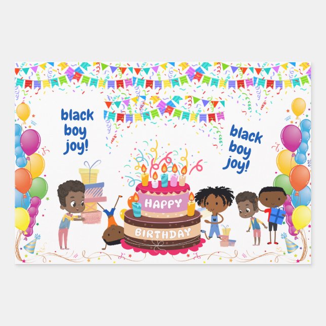 Black Boy Joy Birthday Wrapping Paper Sheet (Front)