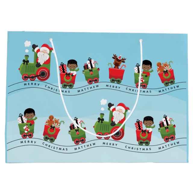 Black Boy on Christmas Train Large Gift Bag (Back)