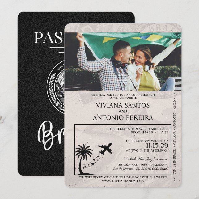 Black Brazil Passport Wedding Invitation (Front/Back)