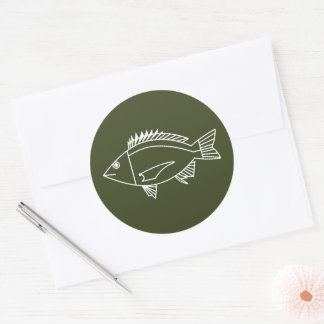 Black Bream Fish in White on Khaki Green Classic Round Sticker