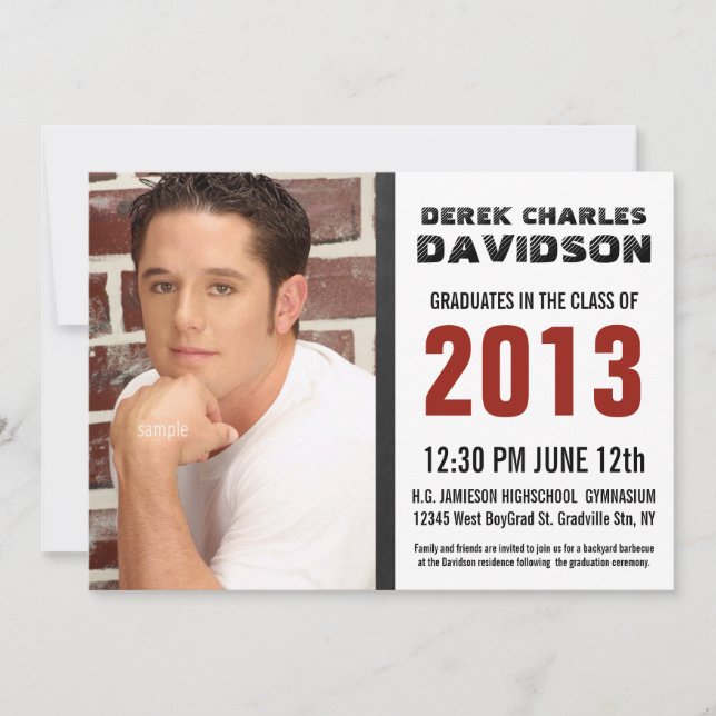 Black Brick Red Simple Mod Photo Graduation Invitation (Front)