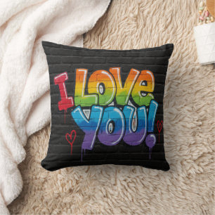 Black Brick Wall with Graffiti “I Love You!” Cushion