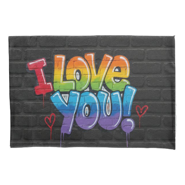 Black Brick Wall with Graffiti “I Love You!” Pillowcase (Front)