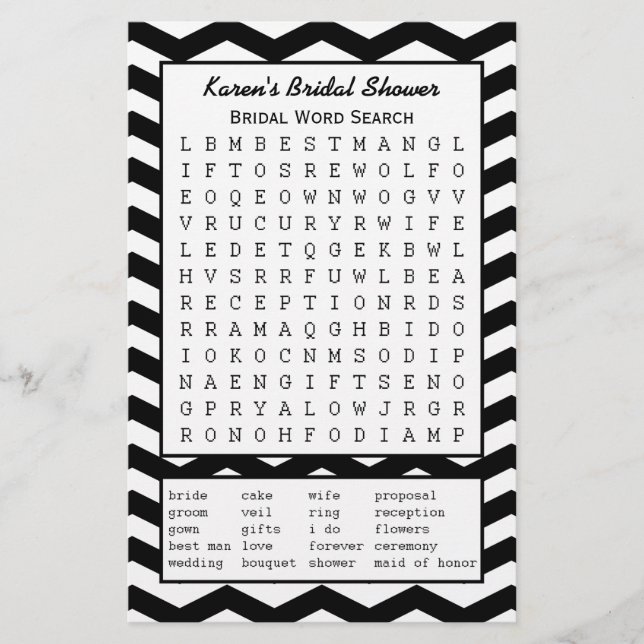 Black Bridal Party Shower Word Search Game (Front)