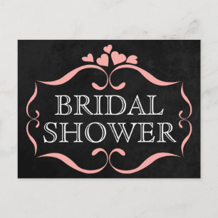 Black Bridal Shower Chalkboard Pink Hearts Invitation Postcard