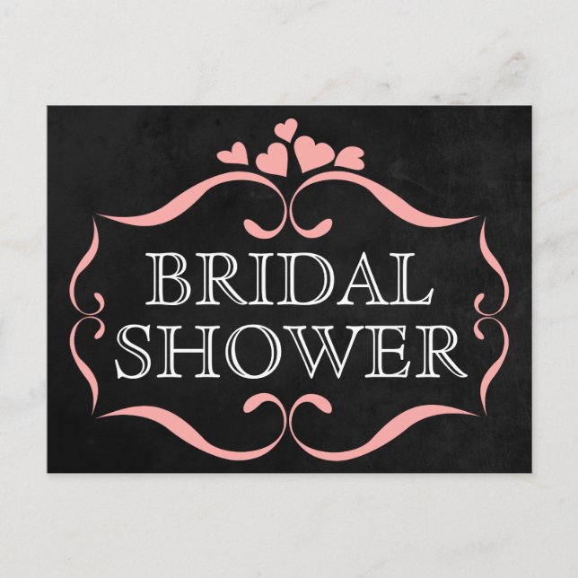 Black Bridal Shower Chalkboard Pink Hearts Invitation Postcard (Front)