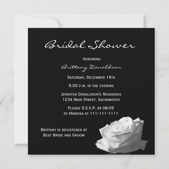 Black Bridal Shower Invitation, Black & White Rose Invitation (Front)