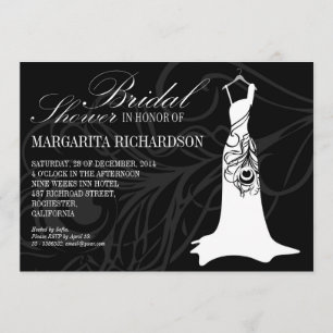 black bridal shower invitations with wedding dress