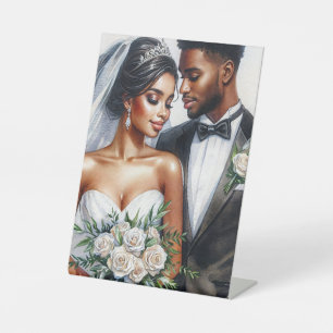 Black Bride and Groom Afro Wedding Pedestal Sign
