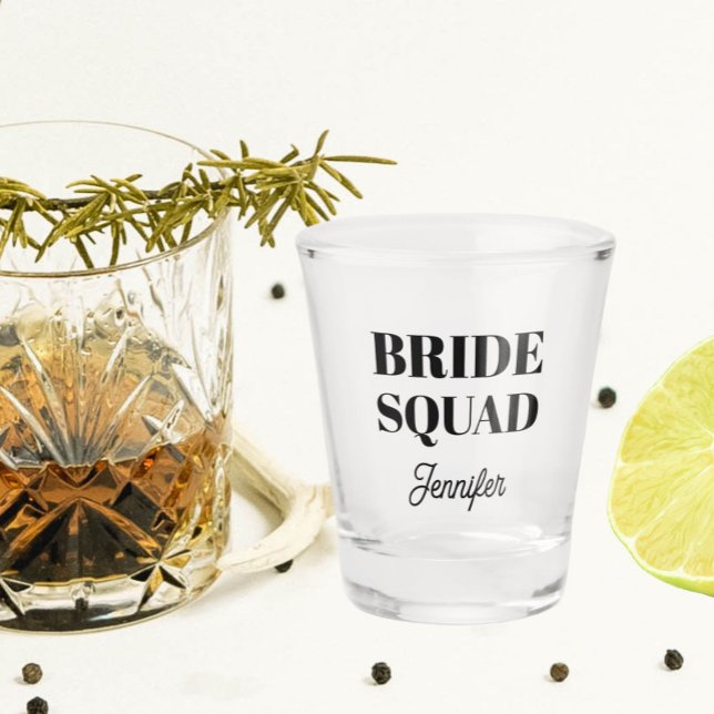 Black Bride Squad Bachelorette Party Shot Glass (In Situ)
