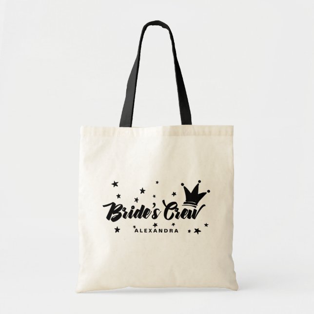 Black Bride's Crew Typography Crown and Stars Tote Bag (Front)