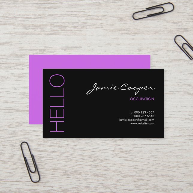 Black & Bright Purple Hello Business Card (Front/Back In Situ)