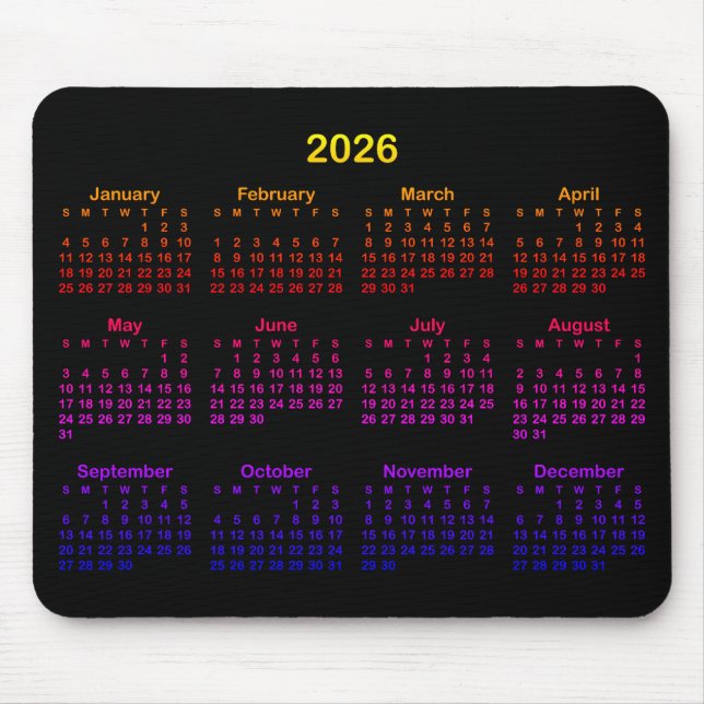 Black Bright Rainbow Gradient 2026 Calendar Mouse Mat (Front)