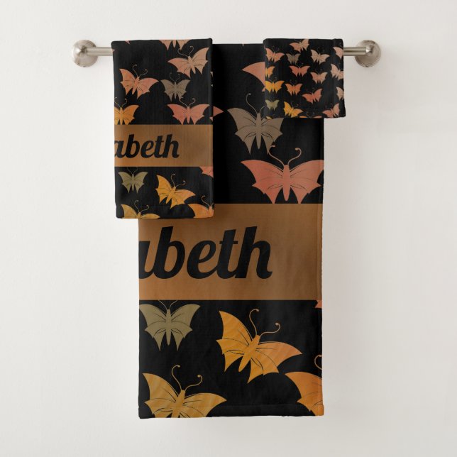 black bright, shiny, butterflies, exclusive bath t towel set (Insitu)