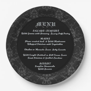 Black Brocade Gothic Theme Wedding & Dinner Menu Paper Plate