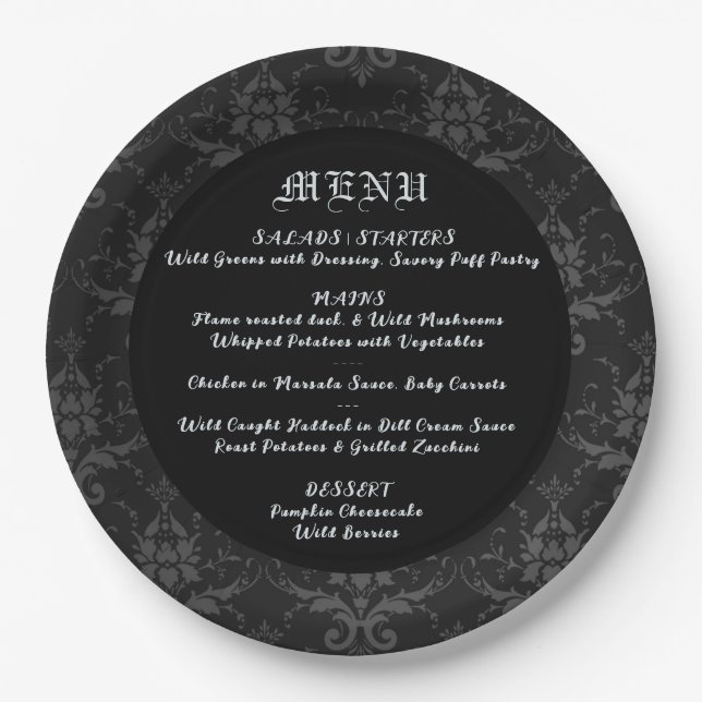 Black Brocade Gothic Theme Wedding & Dinner Menu Paper Plate (Front)