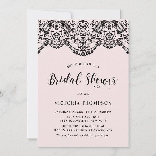 Black Brocade Lace Blush Bridal Shower Invitation (Front)