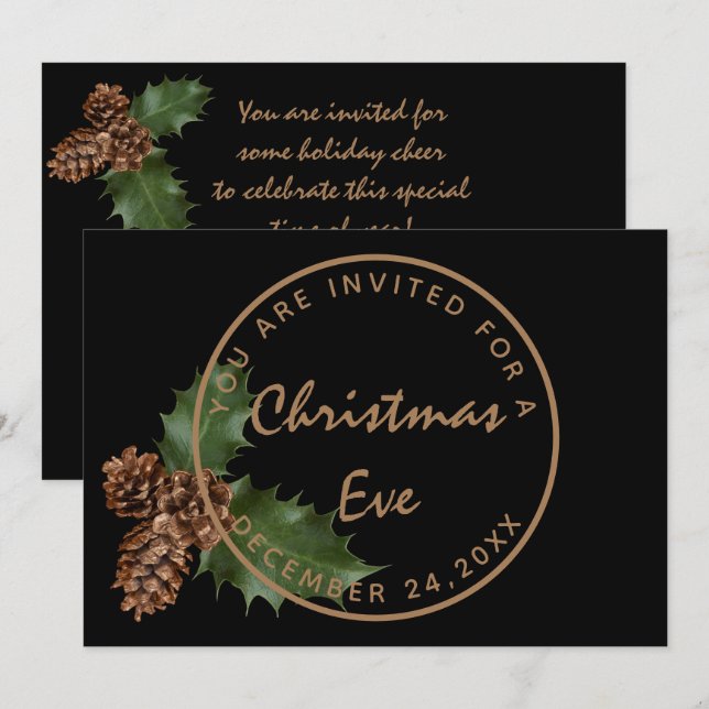 Black Bronze Christmas Eve Dinner Winter Party Invitation (Front/Back)