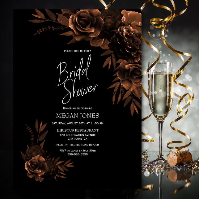 Black Bronze Floral Bridal Shower Invitation (Creator Uploaded)