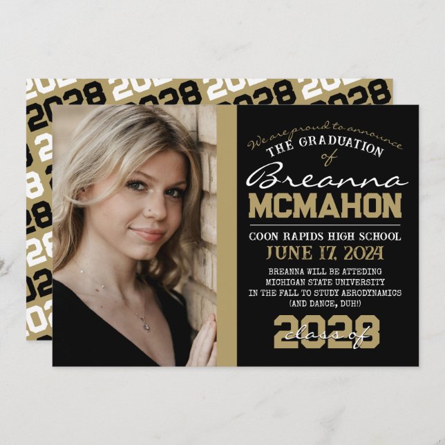 Black & Bronze Gold Graduation Photo Announcement (Front/Back)