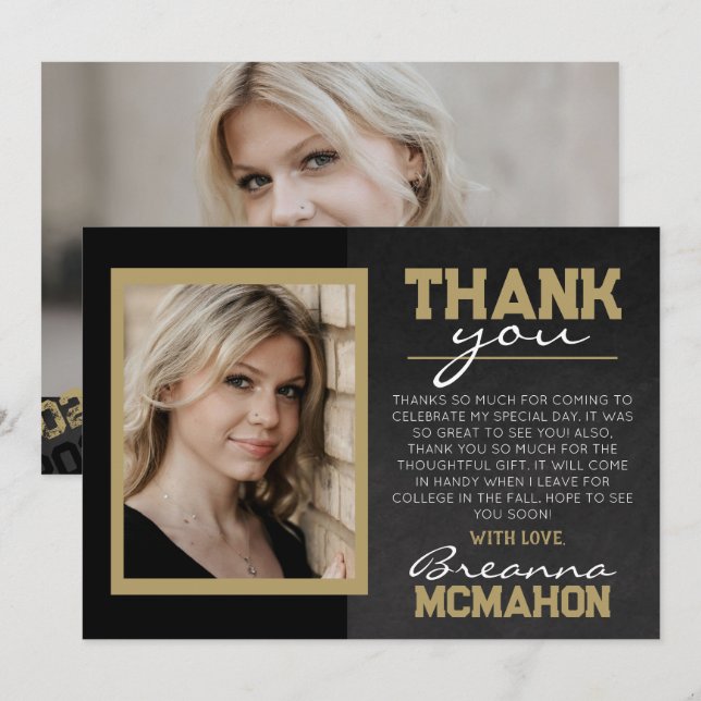 Black Bronze Gold Graduation Photo Thank You Card (Front/Back)