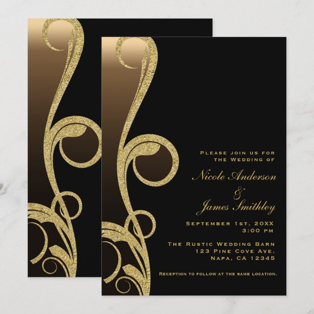 Black & Bronze Gold Modern Elegant Swirl Wedding Invitation (Front/Back)